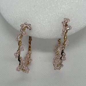 Elegant Gold-Plated Beaded Hoop Earrings - Light Pink Crystal Accents